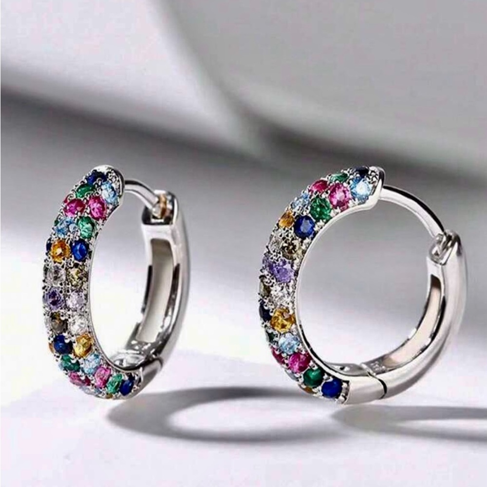 Elegant Silver Hoop Earrings with Multicolor Stones